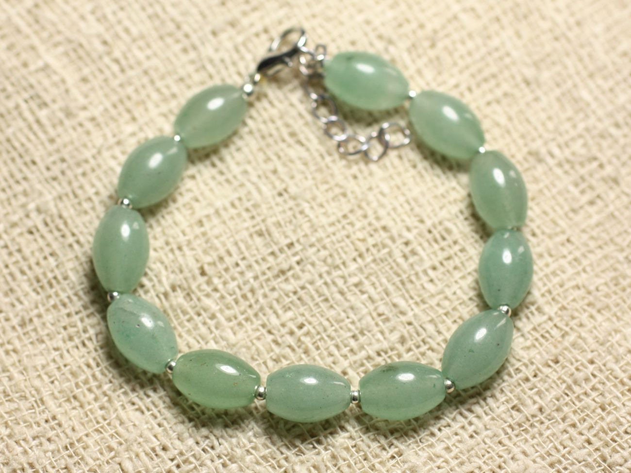 Bracelet Argent 925 Et Pierre - Aventurine Verte Olives 10x8mm