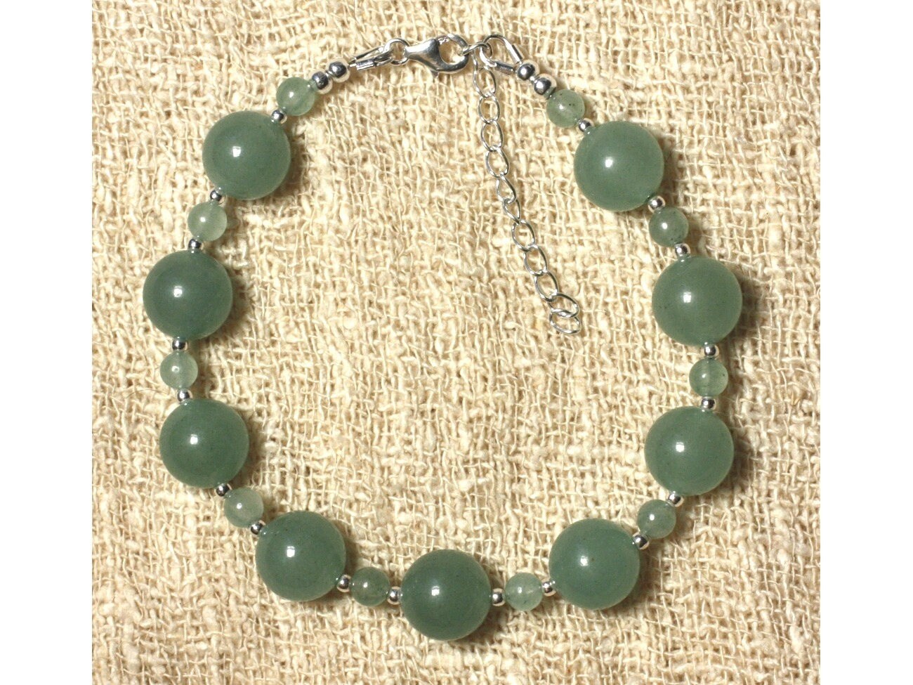 Bracelet En Aventurine Verte10 Et 4 Mm Et Perles D'argent 925