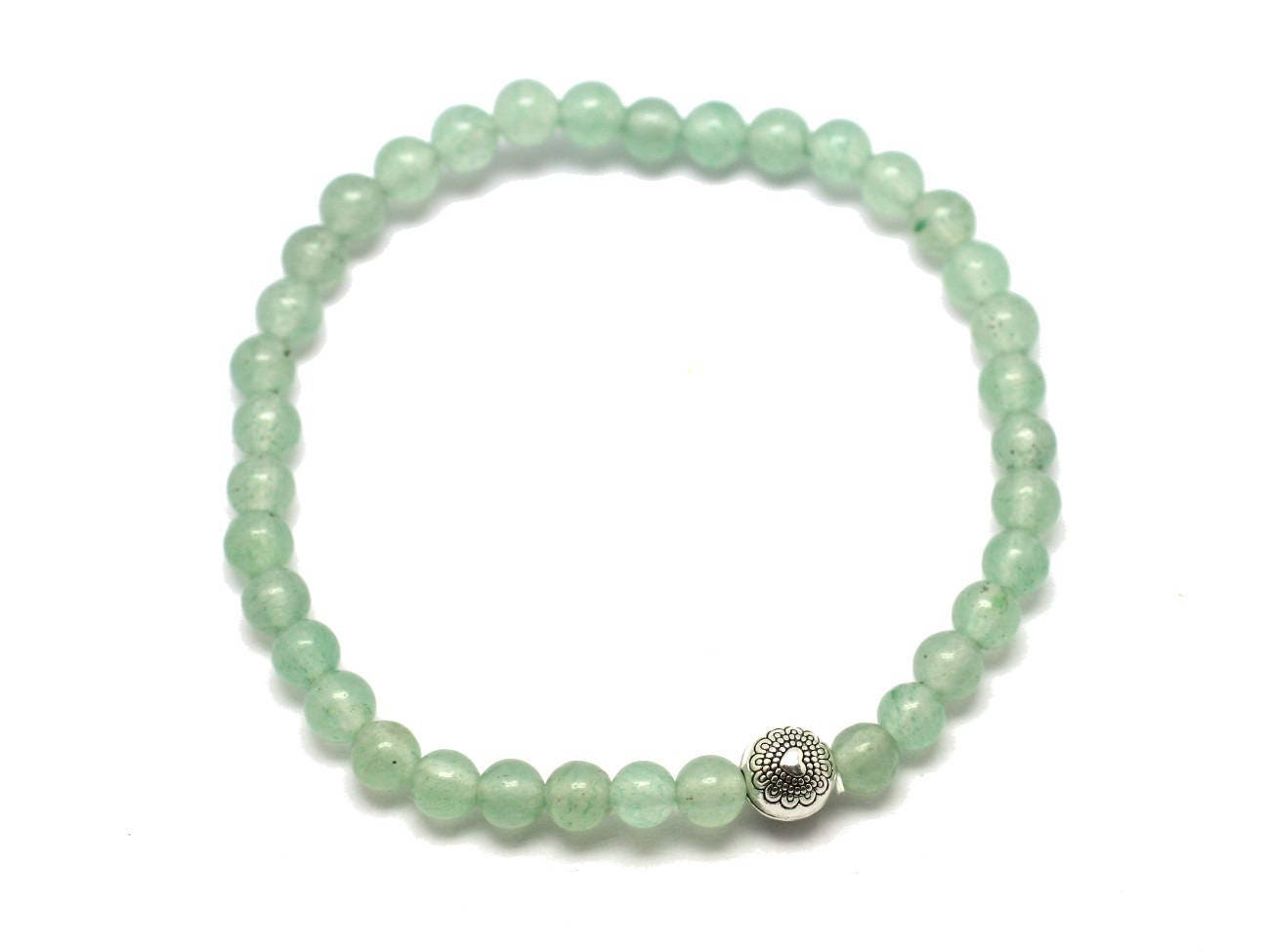 Bracelet Pierre Semi Précieuse Aventurine Verte 4mm Et Perle Argentée