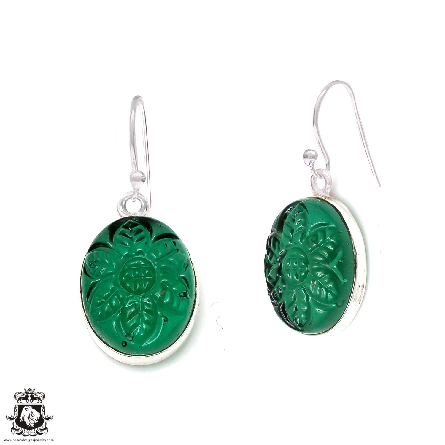 Carved Aventurine 925 Sterling Silver Hook Dangle Earrings
