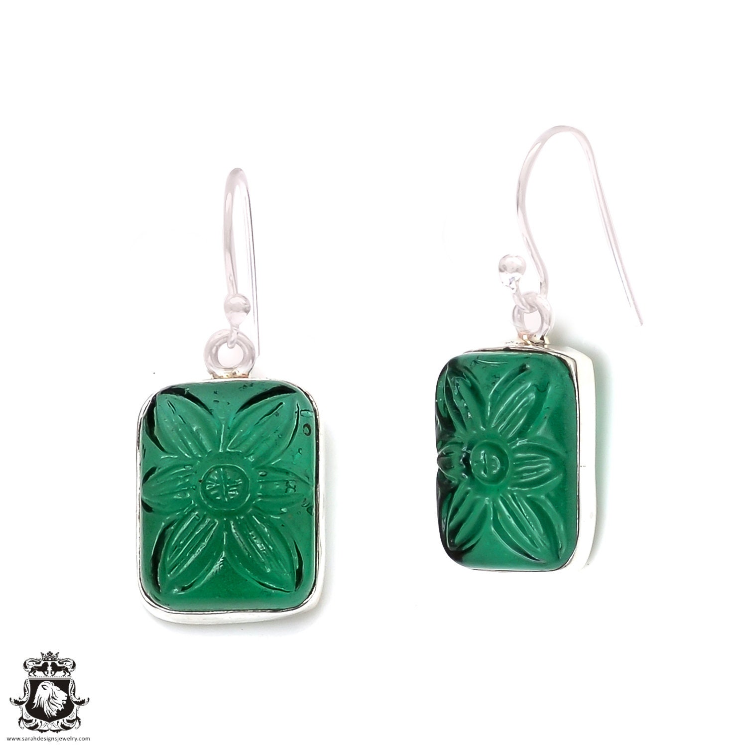 Carved Green Aventurine 925 Sterling Silver Hook Dangle Earrings