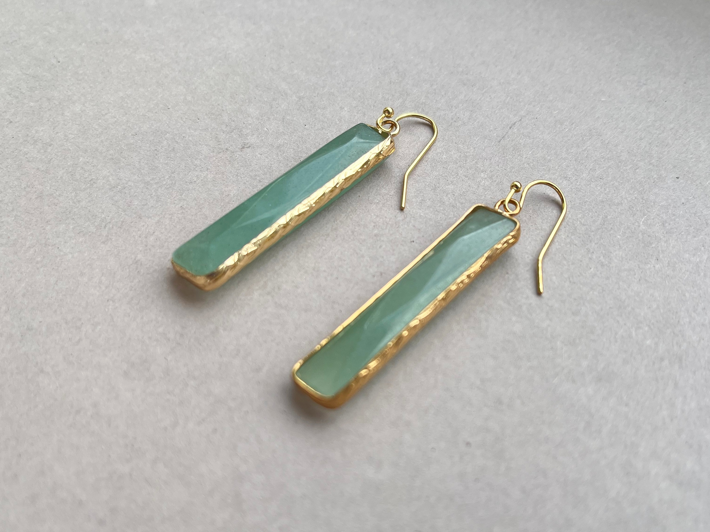 Aventurine Gold Earrings, Natural Green Aventurine Stone, Rectangle Long Earring