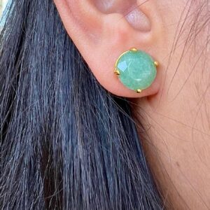 Gold Plated Green Aventurine Stud Earrings, Natural Gemstone