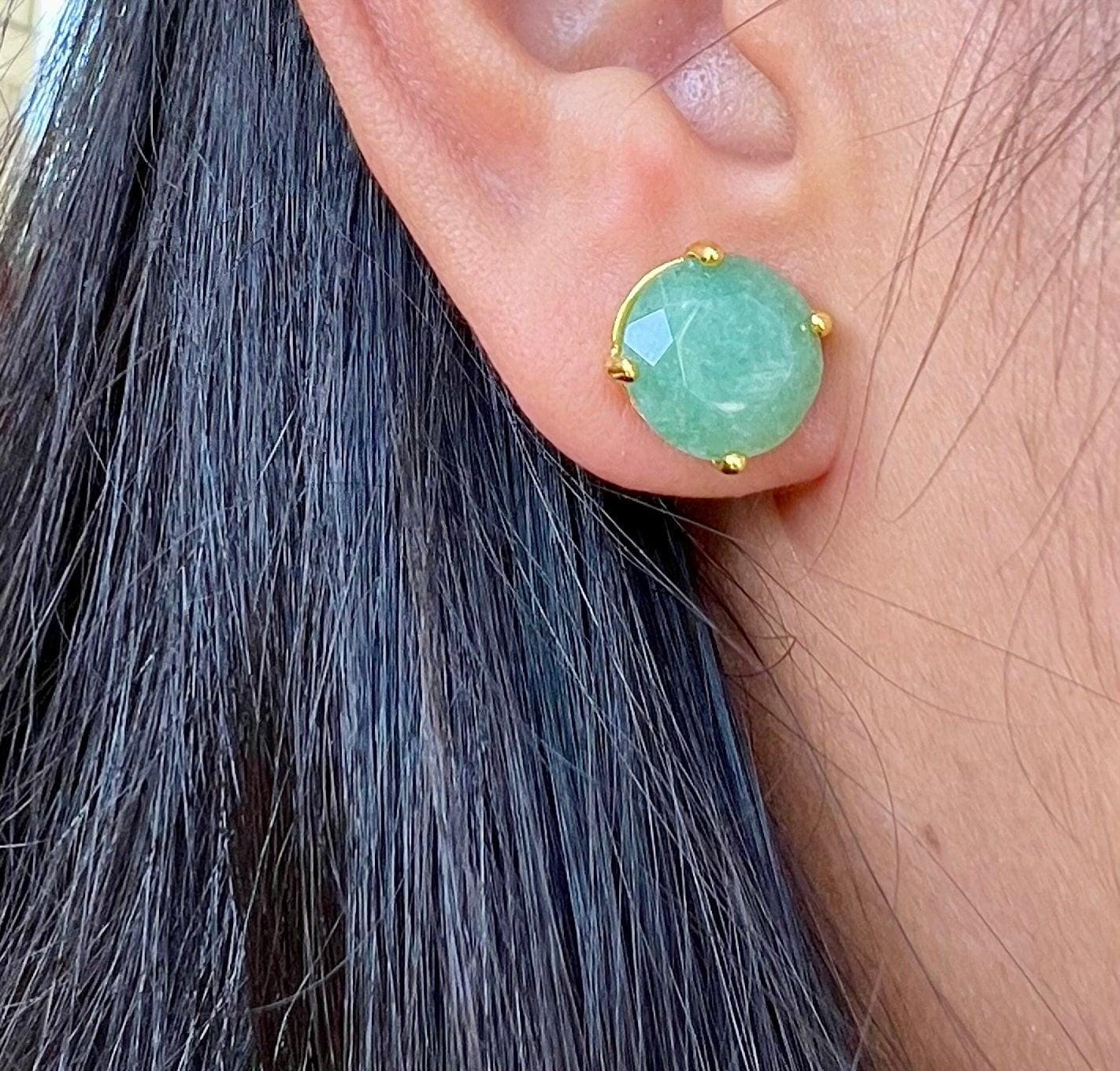 Gold Plated Green Aventurine Stud Earrings, Natural Gemstone Gold Plated Green Aventurine Stud Earrings, Natural Gemstone