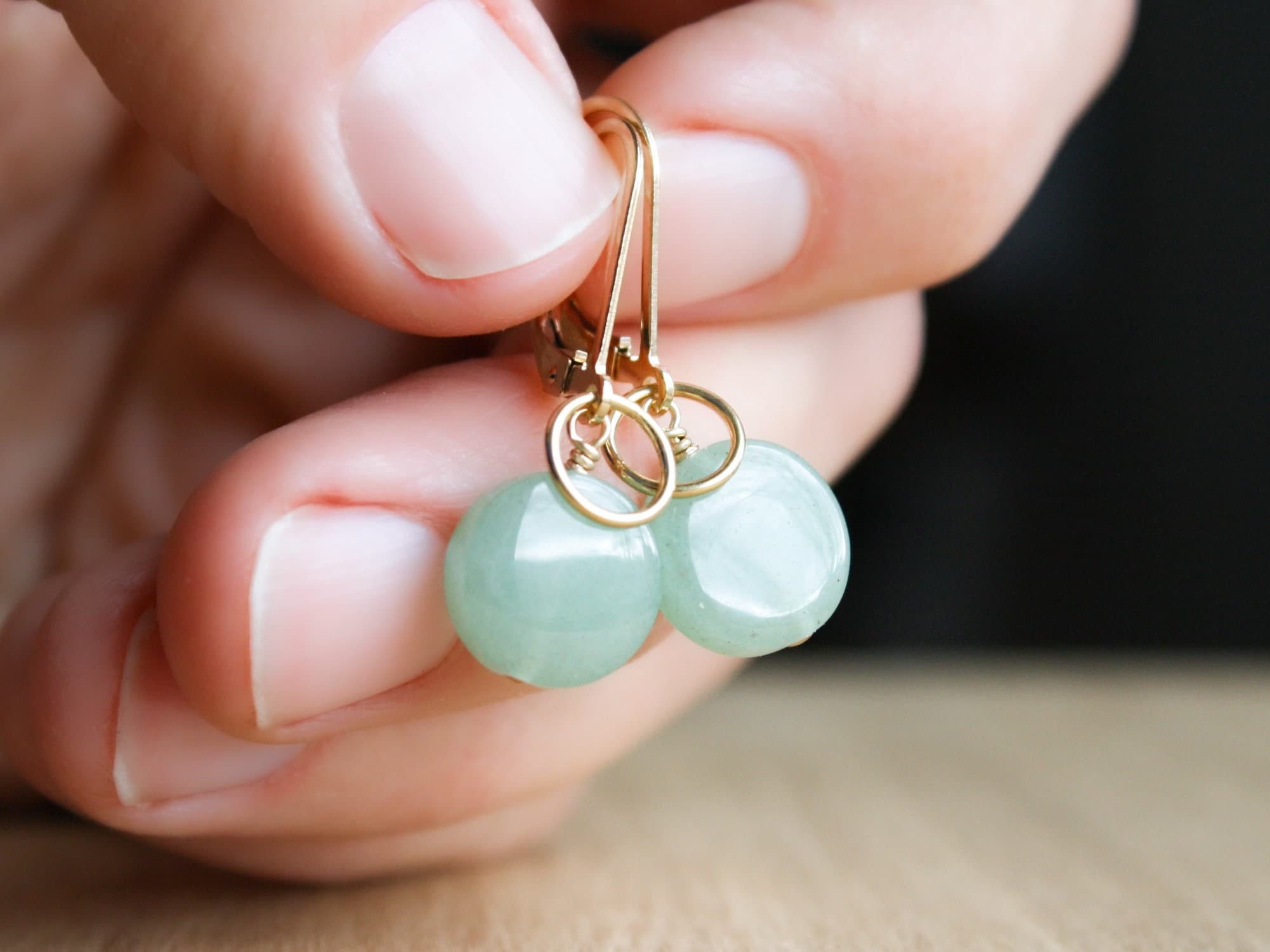 Green Aventurine Earrings: 14k Gold Filled Lever Back, Gemstone Circle Coins