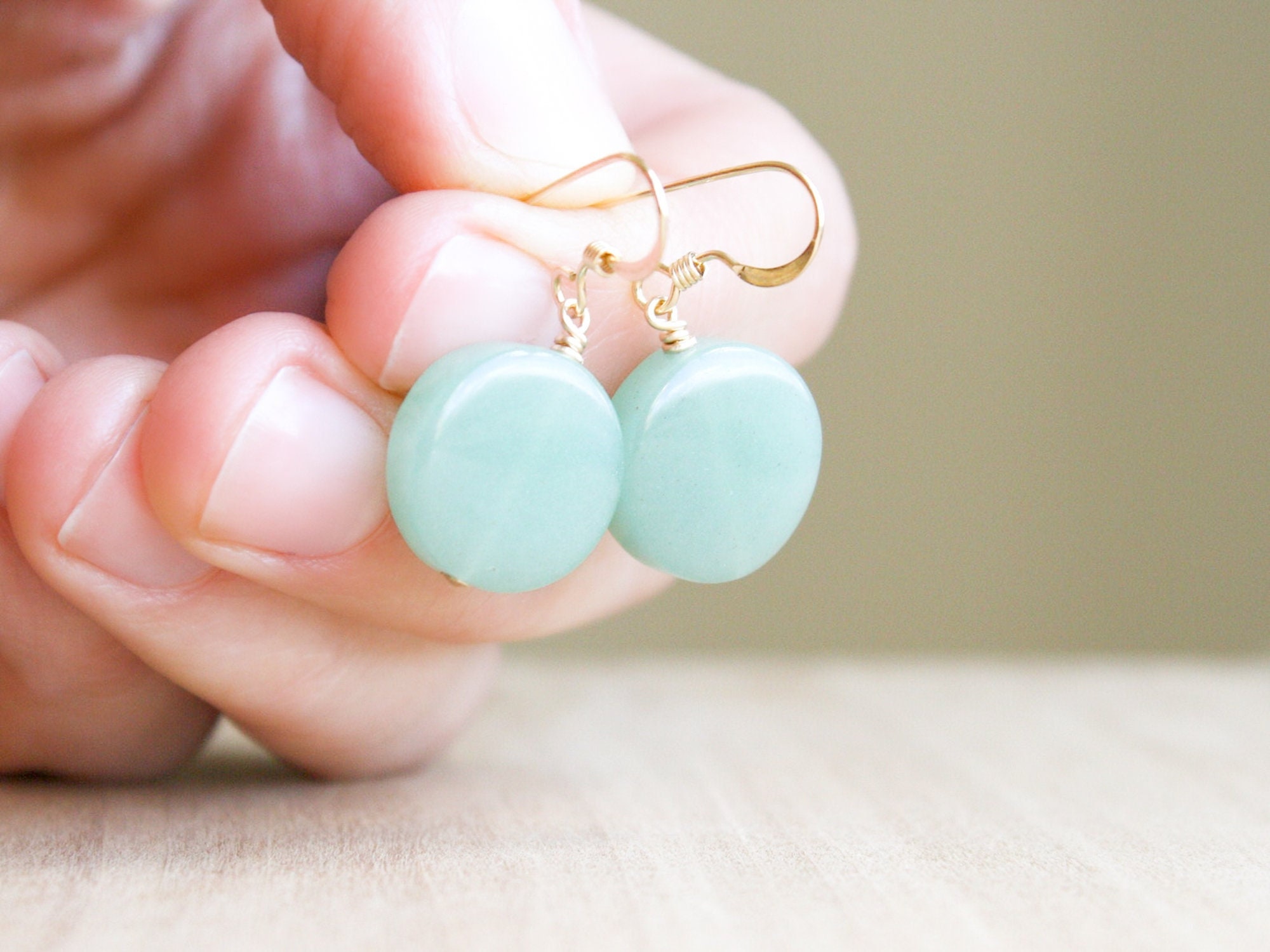 Green Aventurine Earrings: 14k Gold Filled Circle Gemstone Dangles