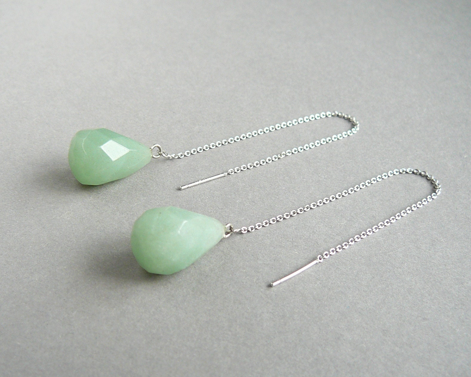 Green Aventurine Earrings Green Gemstone Long Dangle Drop Earrings Silver Chain Green Drop Earings Birthstone Earrings Aventurine Jewelry