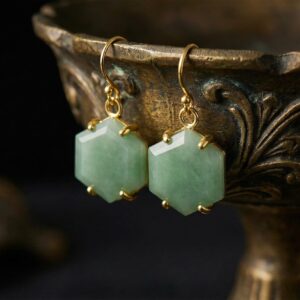 Green Aventurine Hexagon Earrings • 14k Gold Dangle Statement Earrings