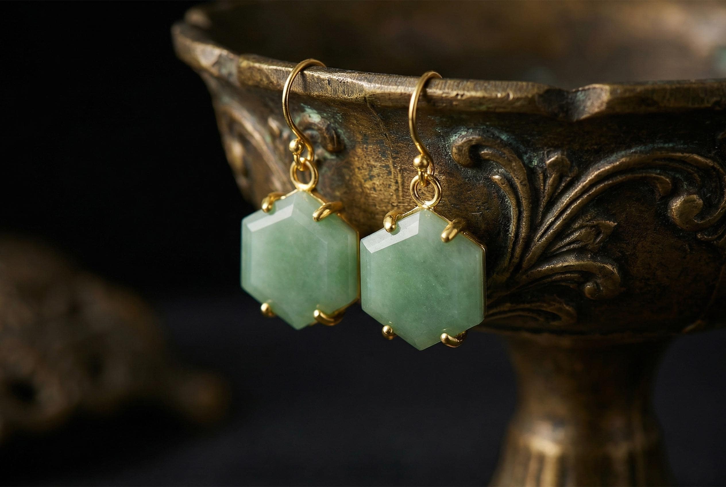 Green Aventurine Hexagon Earrings • 14k Gold Dangle Statement Earrings