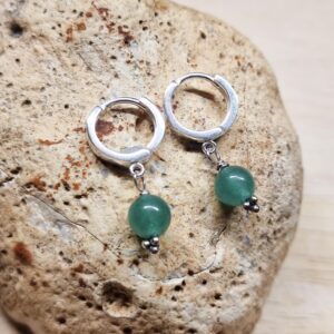 Green Aventurine Huggie Hoop Earrings. Crystal Reiki Jewelry Uk. 12mm 925 Sterling Silver Hoops