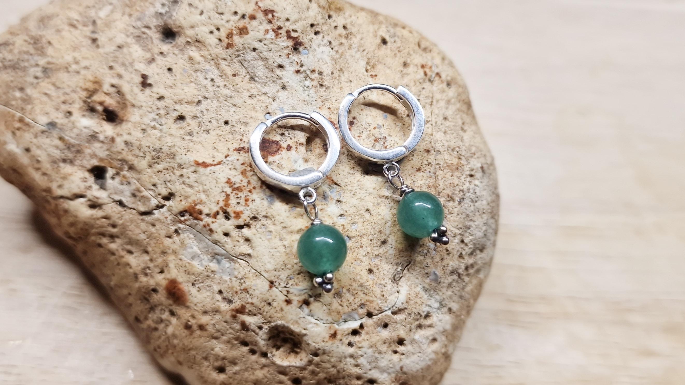 Green Aventurine Huggie Hoop Earrings. Crystal Reiki Jewelry Uk. 12mm 925 Sterling Silver Hoops