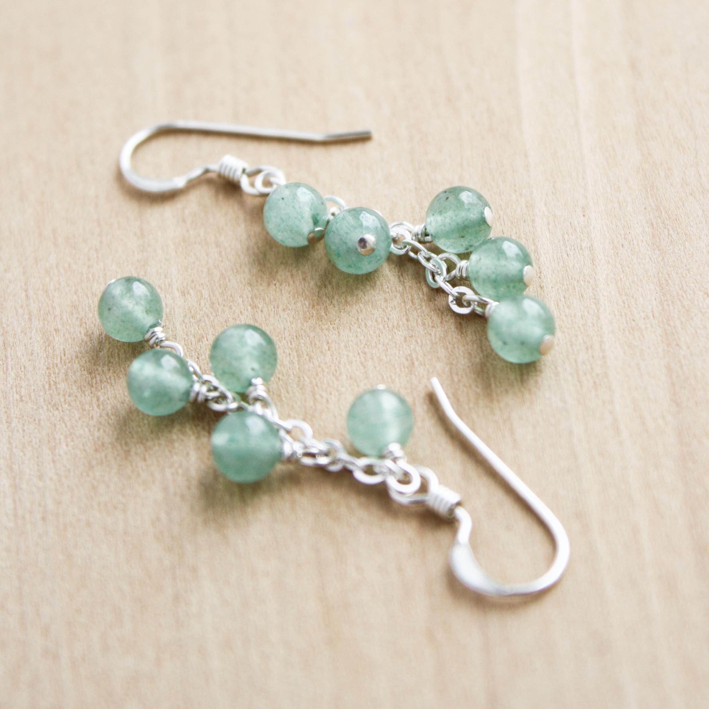 Green Aventurine Sterling Silver Earrings: Gemstone Cluster Dangle
