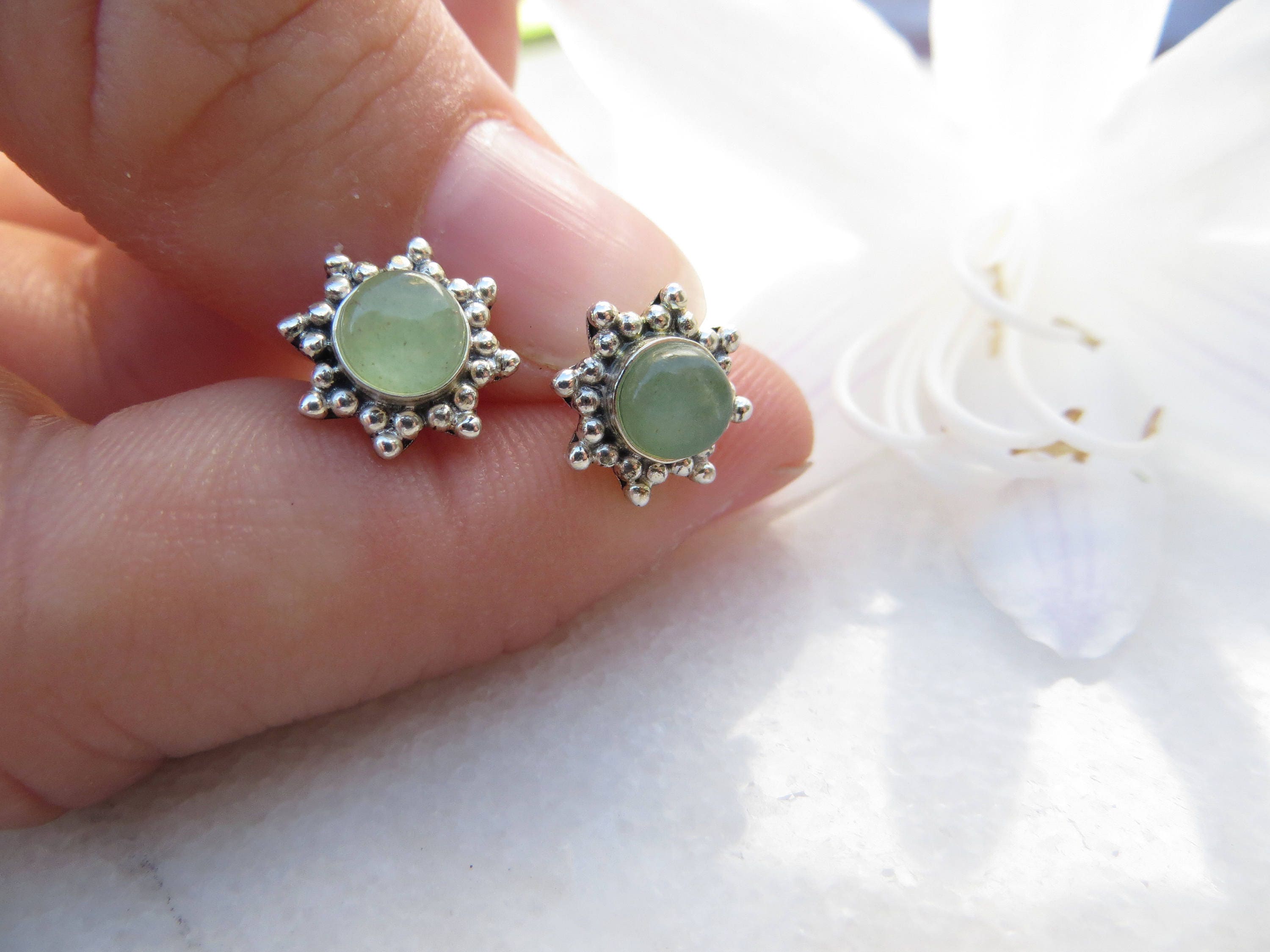 Green Aventurine Sterling Silver Flower Stud Earrings