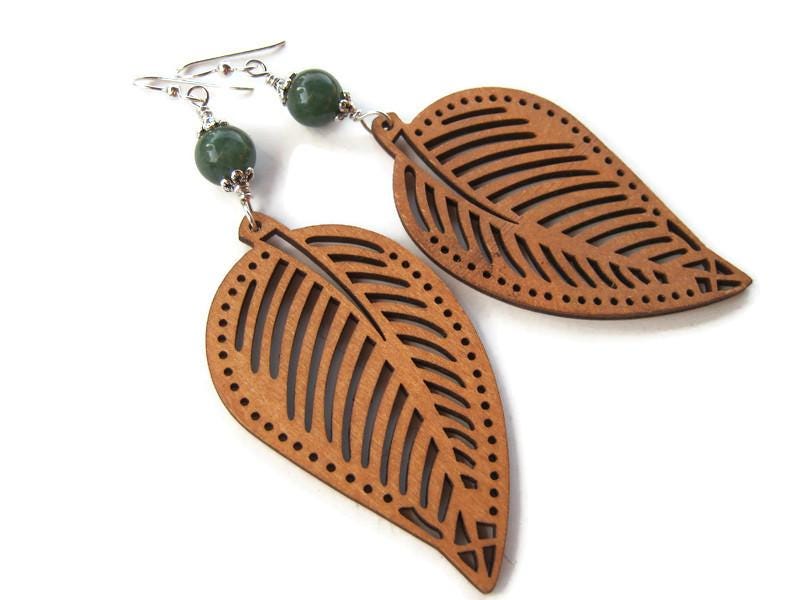 Large Wood Leaf Green Aventurine Earrings, Lightweight Jewelry Limited Edition, Long Dangle Nature Earrings Esg-1109 Large Wood Leaf Green Aventurine Earrings, Lightweight Jewelry Limited Edition, Long Dangle Nature Earrings Esg-1109