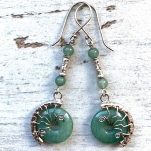 Long Green Aventurine Earrings, Silver Wire Wrapped Spirals In A Fossil Design , Gift For Creativity.