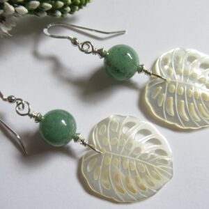 Mother Of Pearl Monstera Leaf Earrings, Green Aventurine, Sterling Silver
