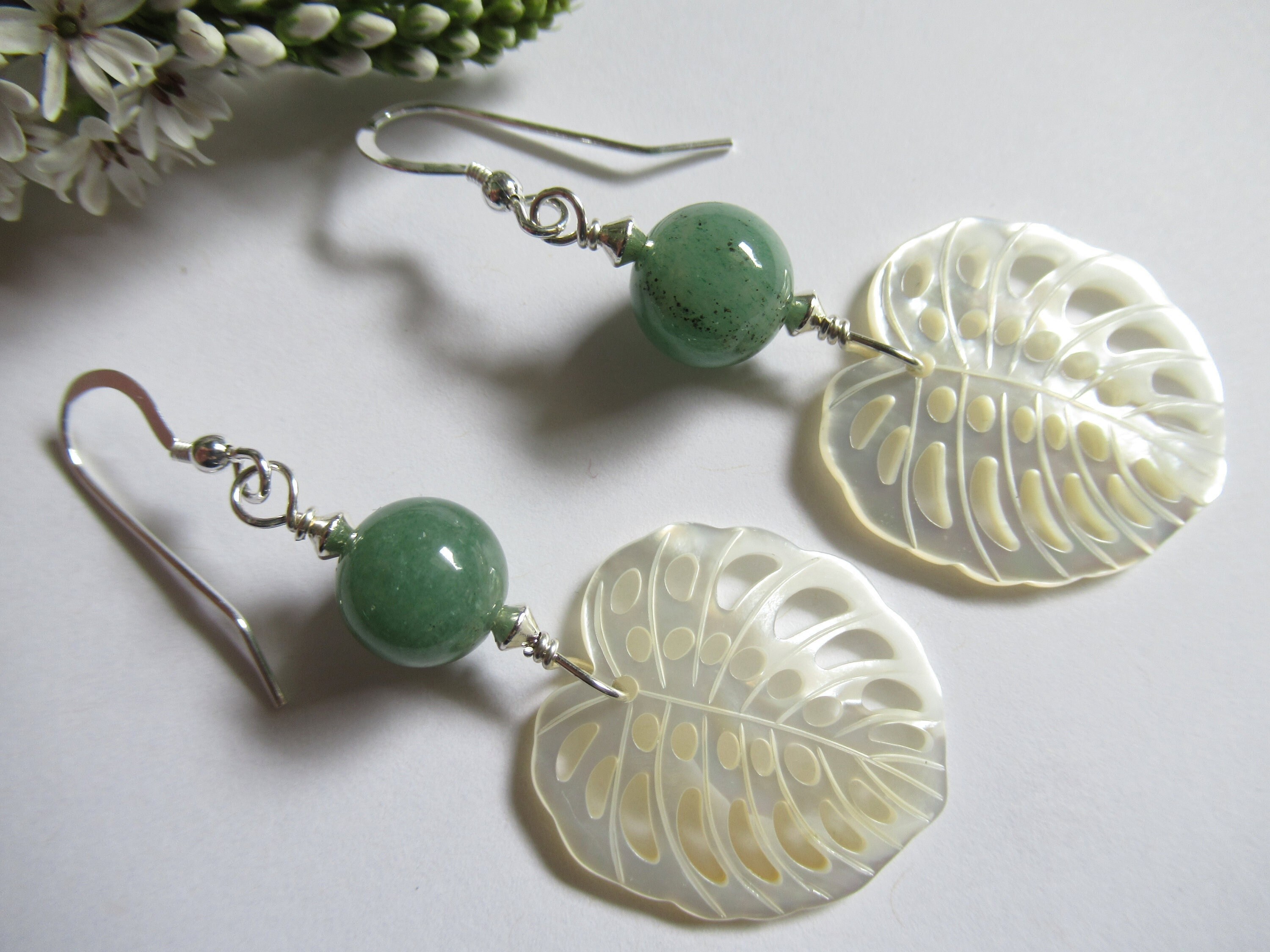 Mother Of Pearl Monstera Leaf Earrings, Green Aventurine, Sterling Silver Mother Of Pearl Monstera Leaf Earrings, Green Aventurine, Sterling Silver