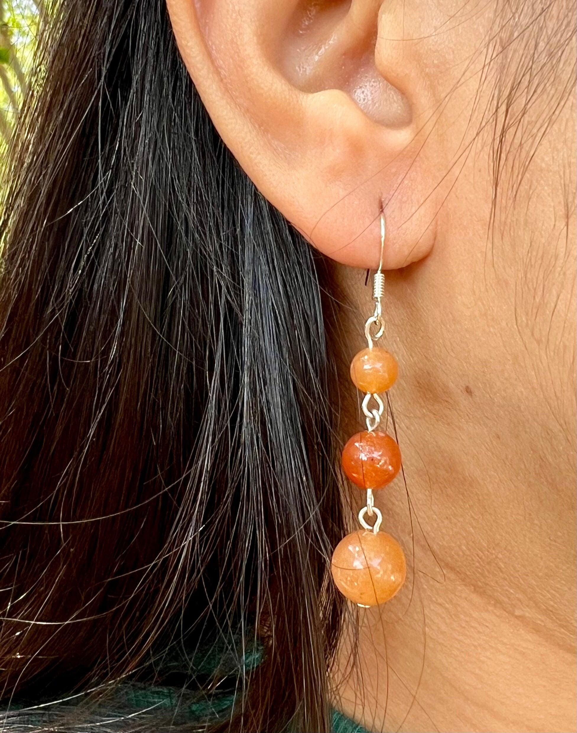 Orange Aventurine Dangle Earrings – Gemstone Drop Silver Jewelry For Women, Gift For Her