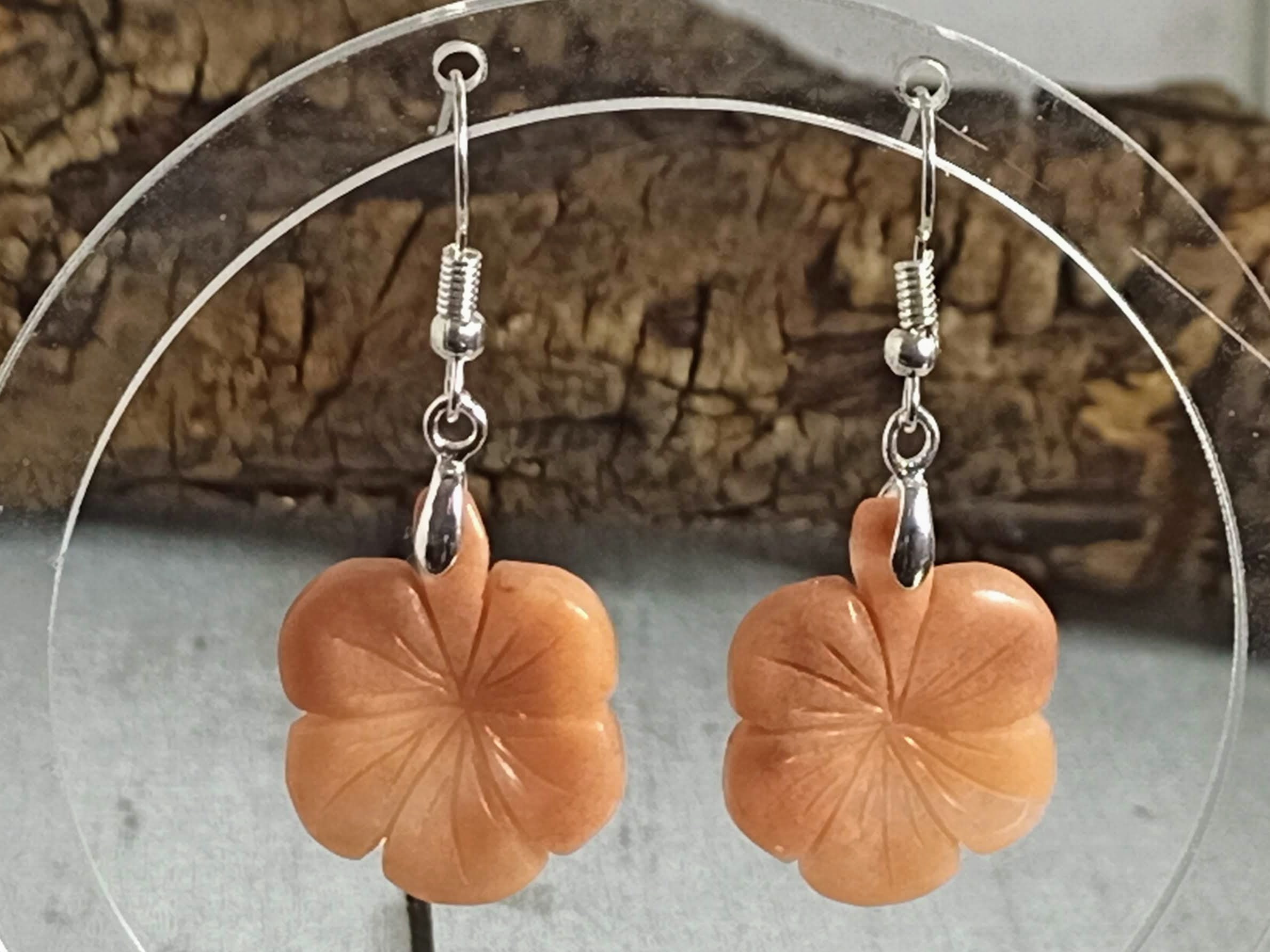 Orange Aventurine Flower Earrings: 925 Silver Dangle Drop