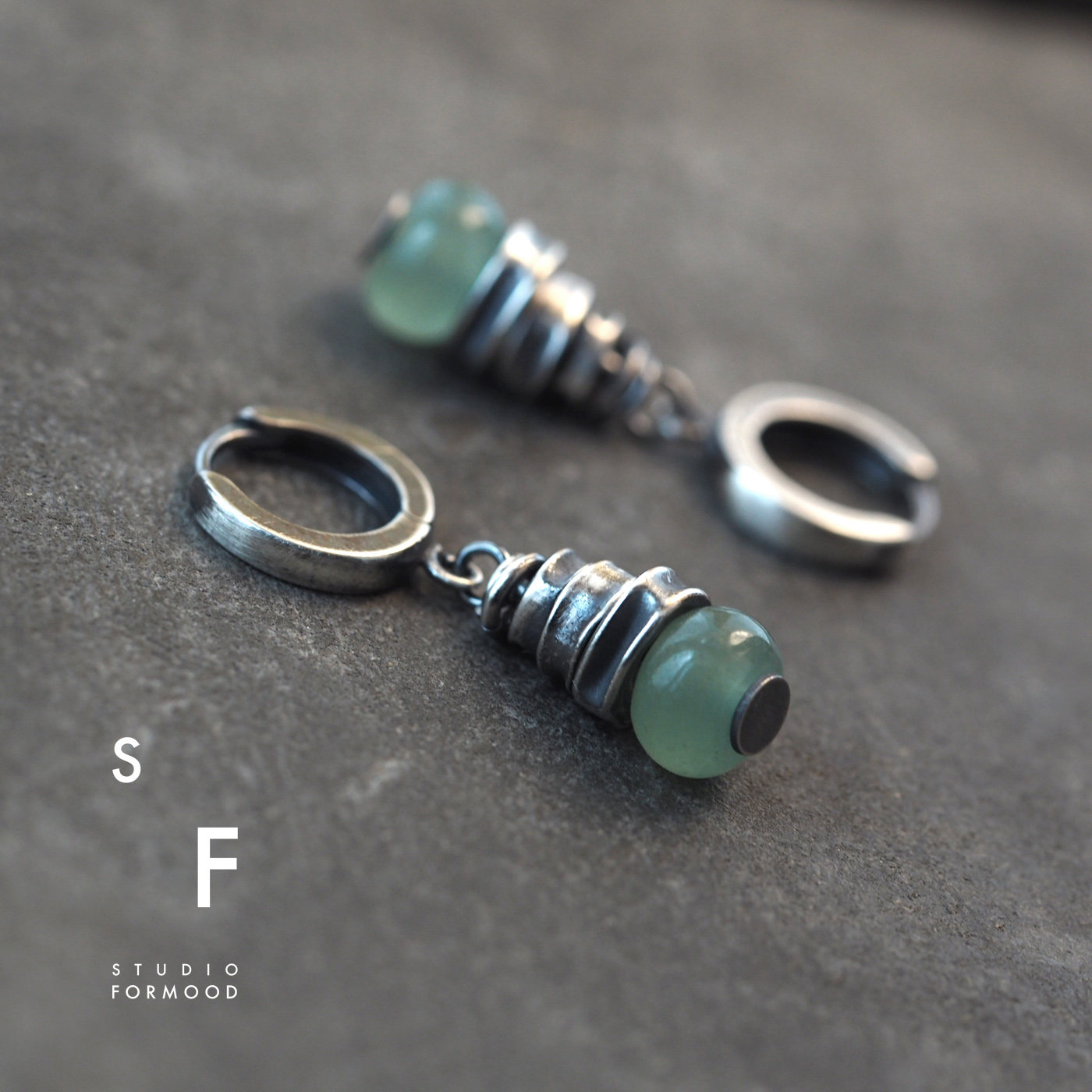 Oxidized Sterling Silver Green Aventurine Earrings, Rustic Boho Gemstone Jewelry