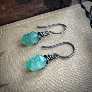 Tiny Green Aventurine Double Point Earrings On Oxidized Silver