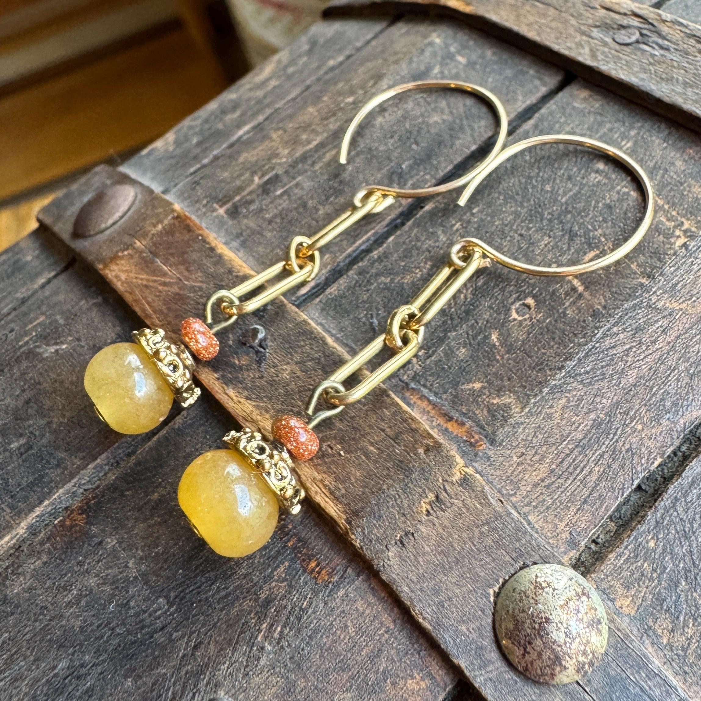 Yellow Aventurine Earrings, Long Gold Hoop Earrings