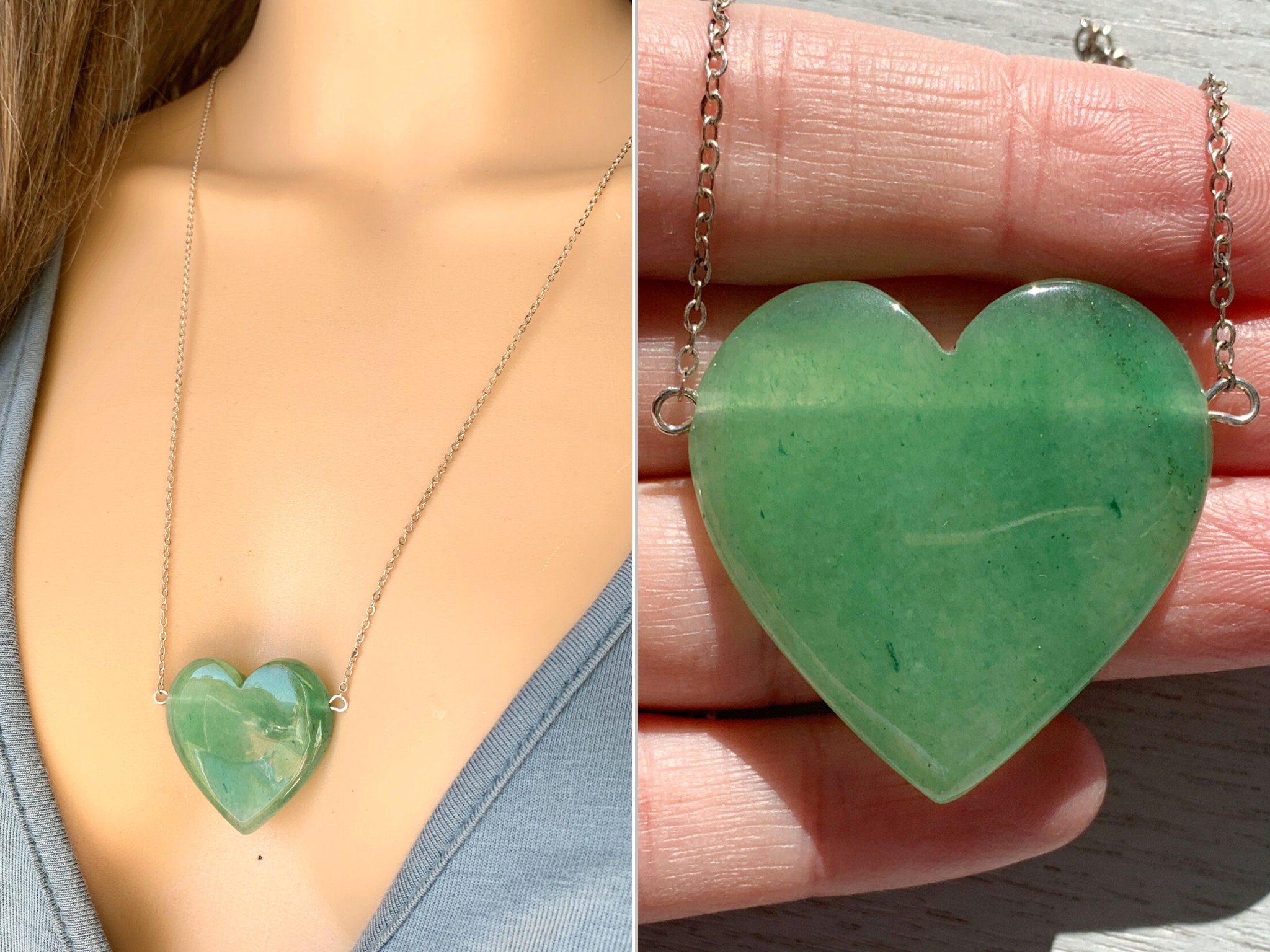 Aventurine Necklace, Big Heart Crystal Necklace Silver Or Gold, Raw Green Gemstone Necklace For Her, Green Aventurine Jewelry Exact Stone