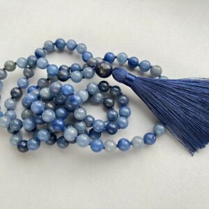 Blue Long Necklace, Blue Aventurine Mala Necklace, 108 Mala Blue Gemstone Necklace for Women for Man, Tassel Hand Knotted Long Necklace