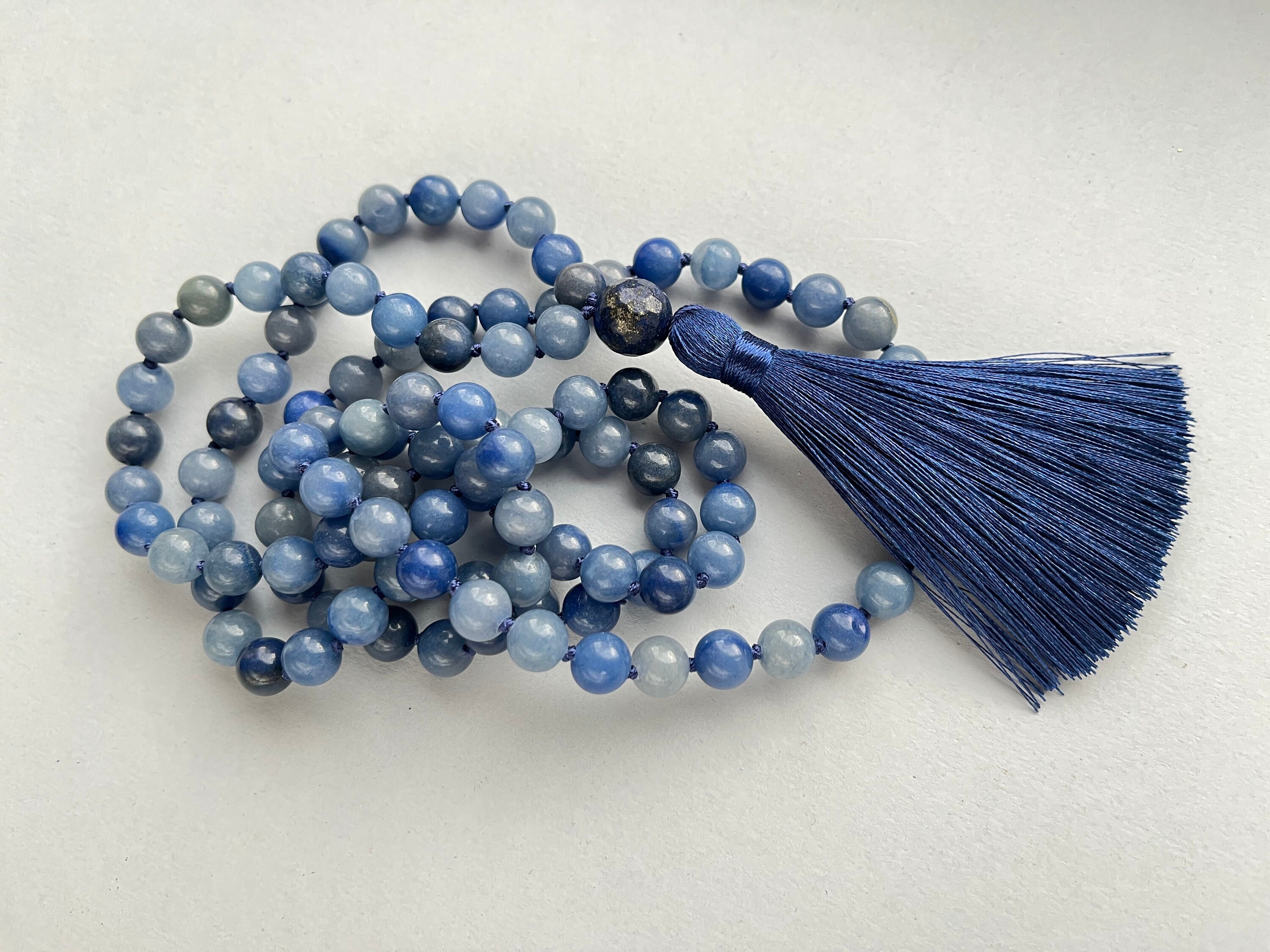Blue Long Necklace, Blue Aventurine Mala Necklace, 108 Mala Blue Gemstone Necklace For Women For Man, Tassel Hand Knotted Long Necklace