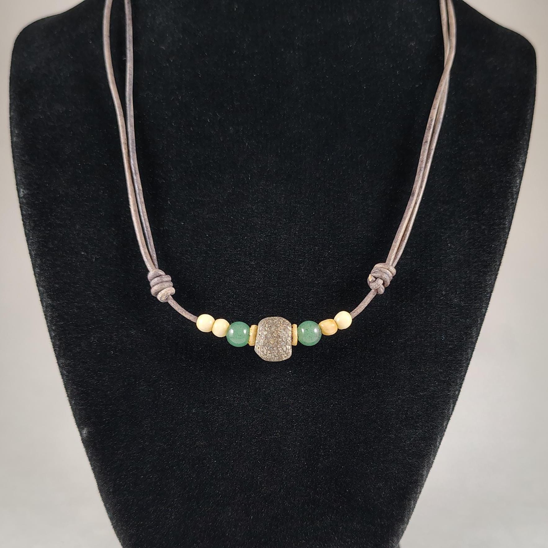 Dinosaur Bone, Aventurine, And Bone Beads Adjustable Leather Necklace Handmade By Chris Hay
