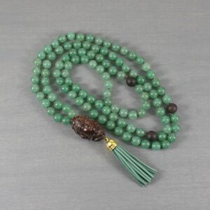 Green aventurine hand-knotted Tibetan mala with sandalwood serene Buddha & green microsuede tassel