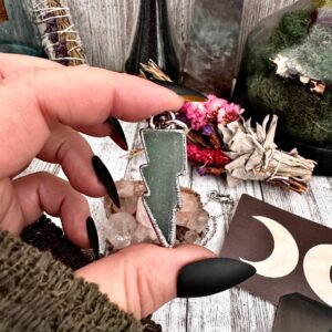 Green Aventurine Lightning Bolt Crystal Necklace In Silver / Foxlark Collections / Gothic Alternative Style Jewelry