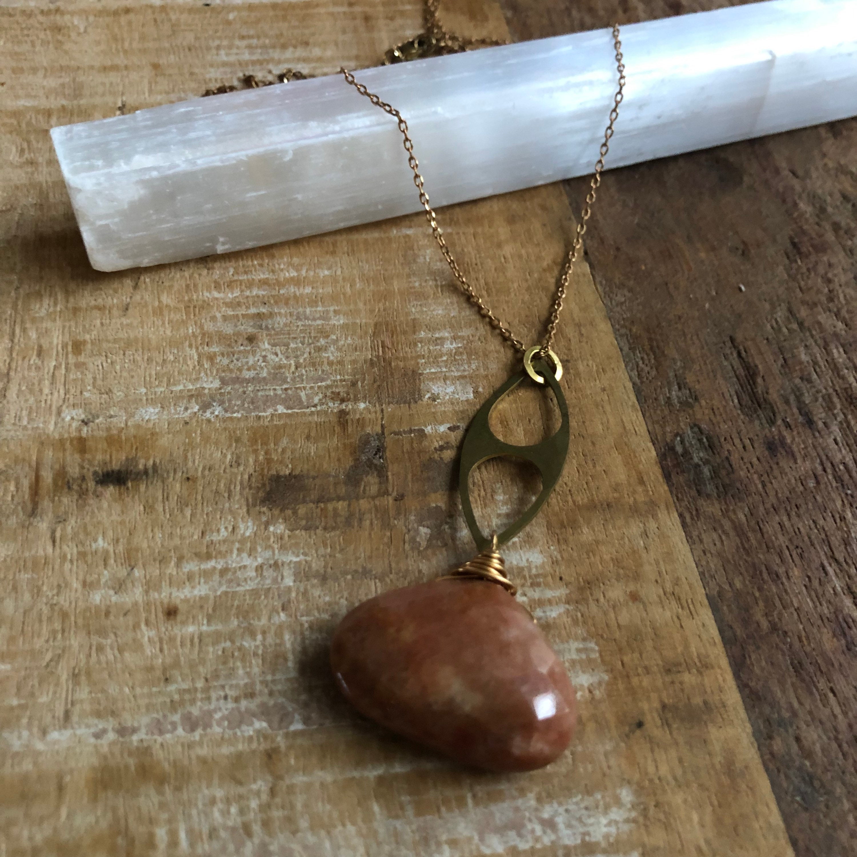 Hammered Brass And Peach Aventurine Necklace