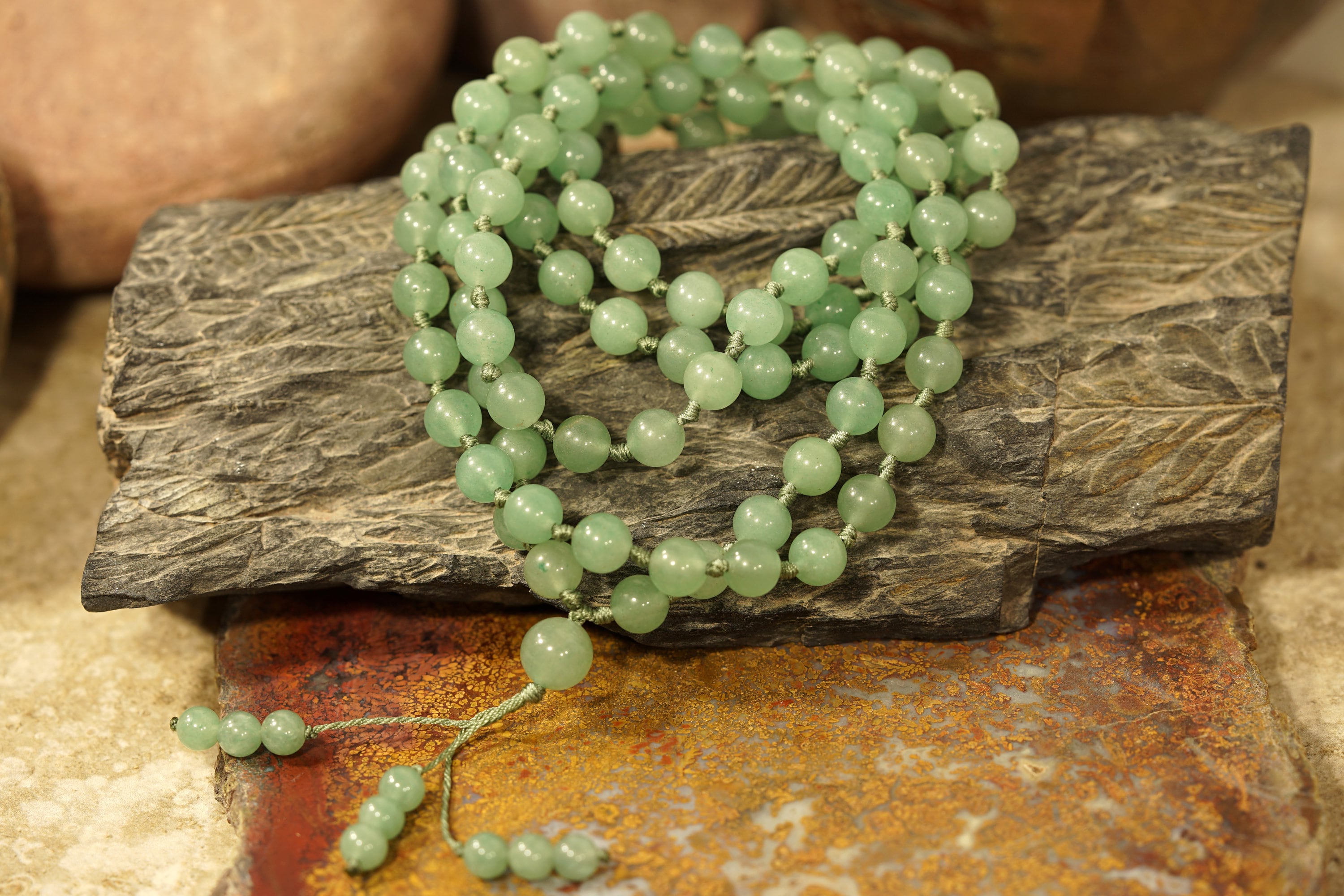 Natural Green Aventurine Mala • Green Aventurine Necklace • 8mm • 108+1 • Knotted Green Aventurine Mala Beads • 2735