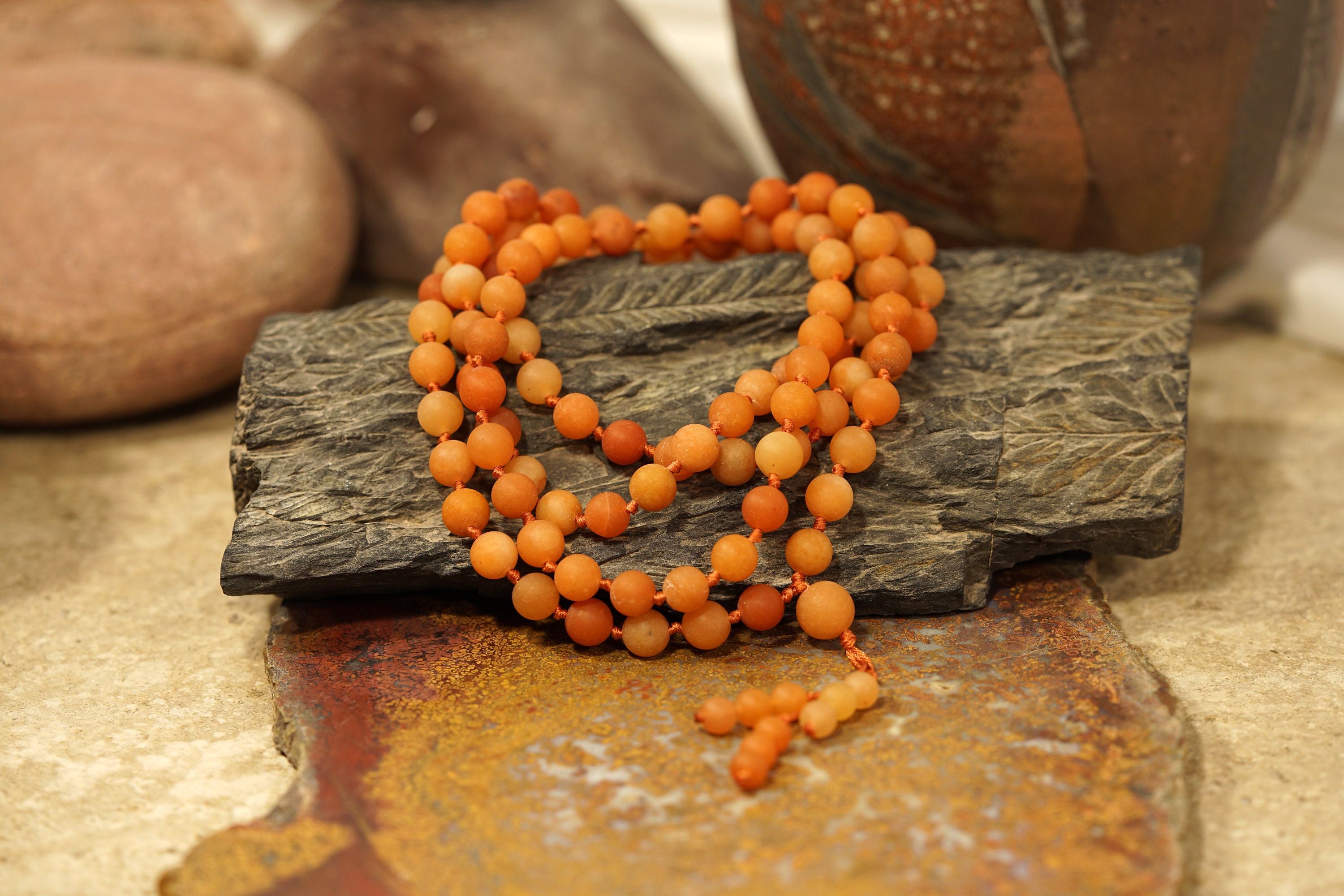 Orange Aventurine Mala • Matte Orange Aventurine Necklace • 4mm • 6mm • 8mm • 108+1 • Knotted Matte Orange Aventurine Mala Beads • 4401