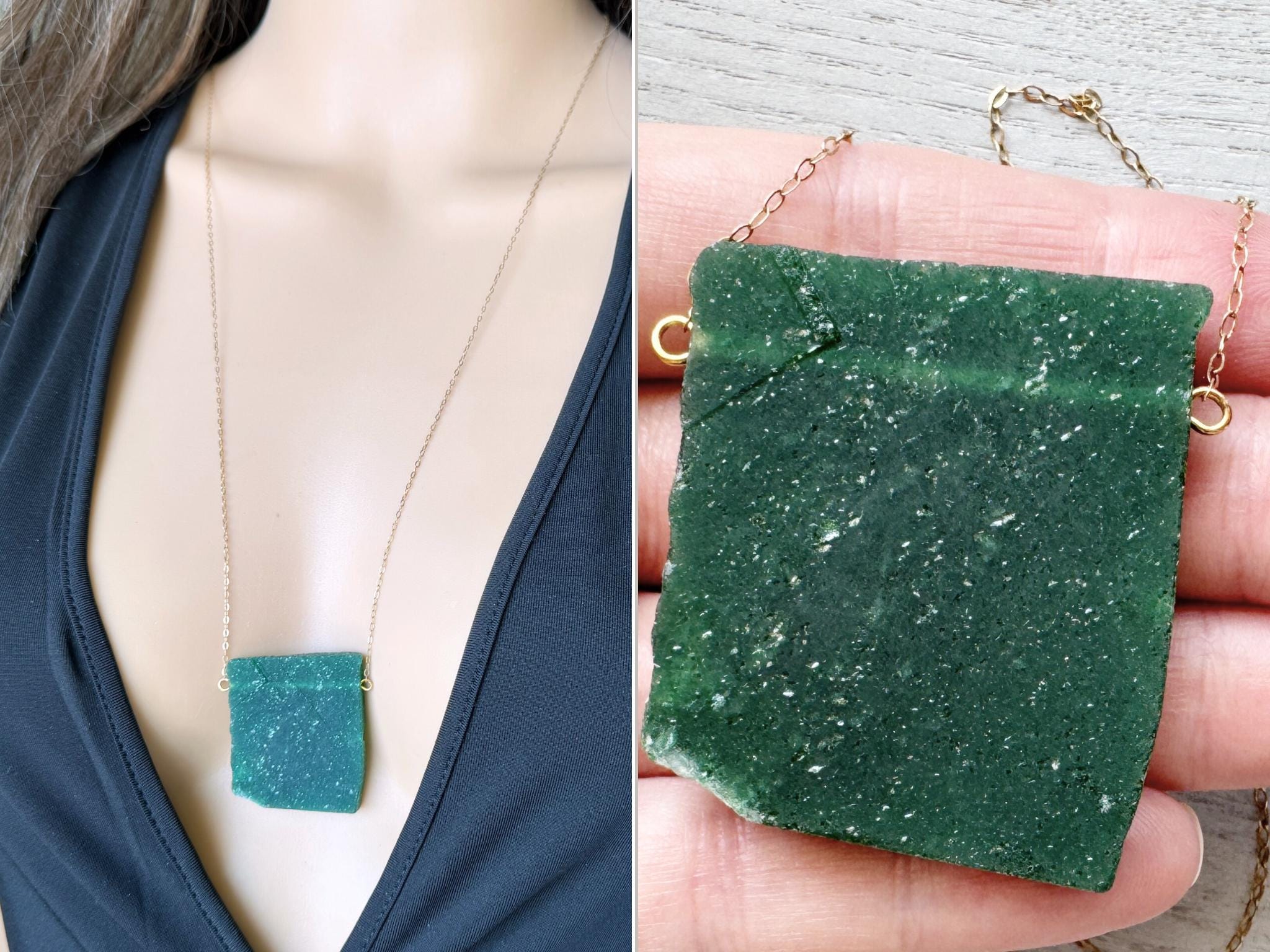 Raw Aventurine Necklace, Big Aventurine Crystal Necklace, Silver Or Gold, Chakra Necklace, Green Aventurine Jewelry, Rough Stone Exact Stone