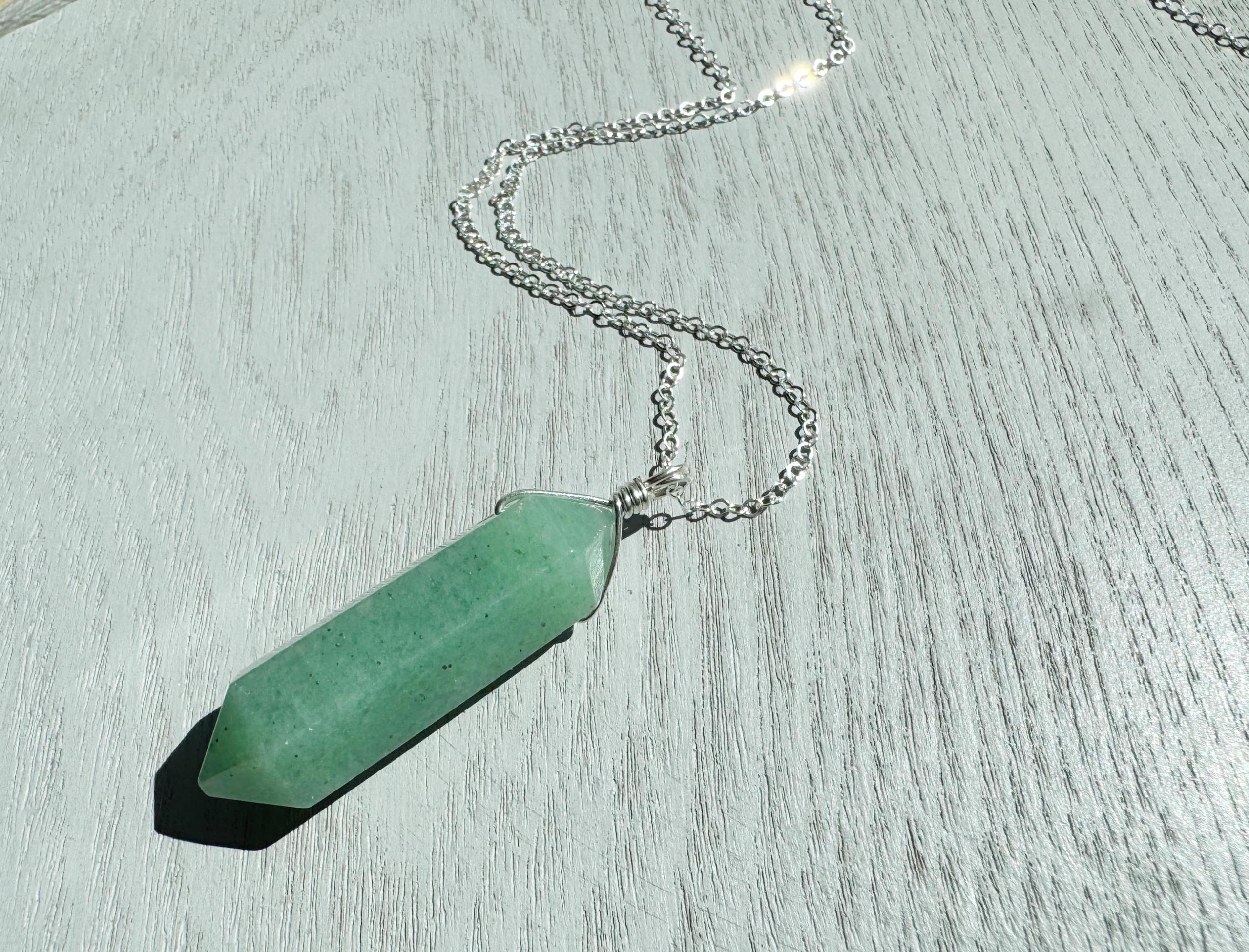 Raw Green Aventurine Crystal Necklace: Sterling Silver, Gold