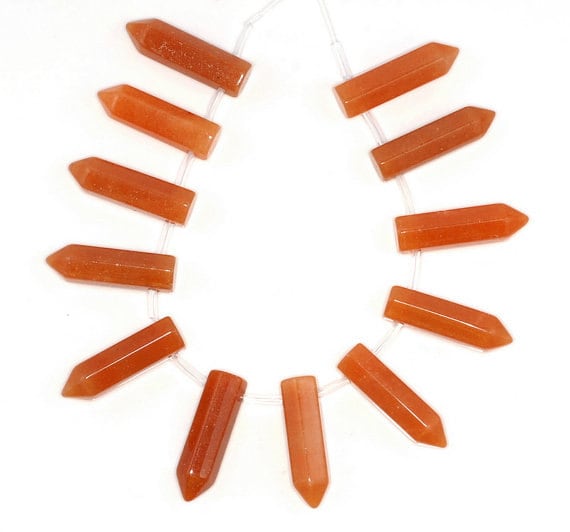 31x8mm Orange Aventurine Gemstone Point Healing Chakra Hexagonal Point Focal Bead Full Strand 12 Beads (90183773a-368)