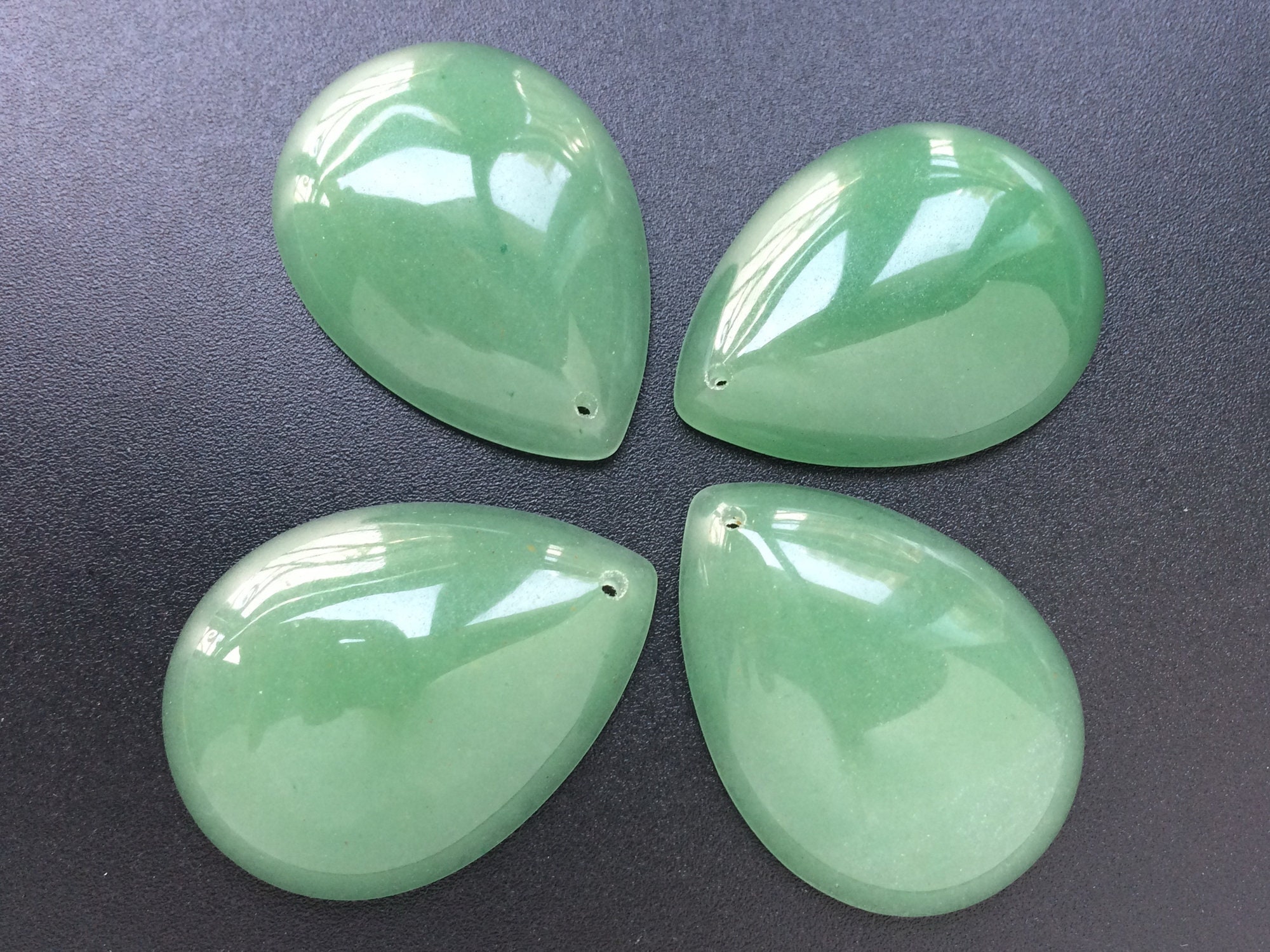 1pc 30x40mm Natural Green Aventurine Teardrop Pendant, Drilled With Hole, Flat Back