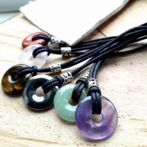 Aventurine Donut Necklace: Small Gemstone Pendant, Adjustable Vegan Cord