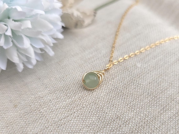 Green Aventurine 14k Gold Filled Minimalist Dainty Pendant, Wire Wrapped Pendant