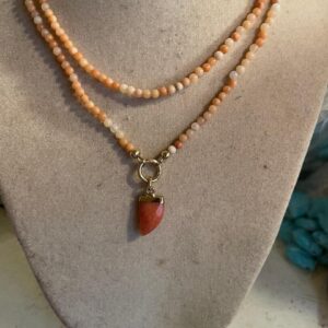 Peach Necklace - Aventurine Gemstone Jewellery - Tusk Pendant - Double Strand - Beaded Jewelry - Gold
