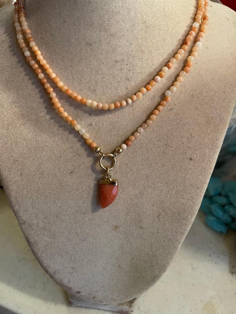 Peach Necklace - Aventurine Gemstone Jewellery - Tusk Pendant - Double Strand - Beaded Jewelry - Gold Peach Necklace - Aventurine Gemstone Jewellery - Tusk Pendant - Double Strand - Beaded Jewelry - Gold