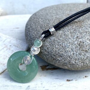 Small Green Aventurine Gemstone Pendant, Silver Wire Wrapped Donut Necklace For Her, Vegan Teen Gift.