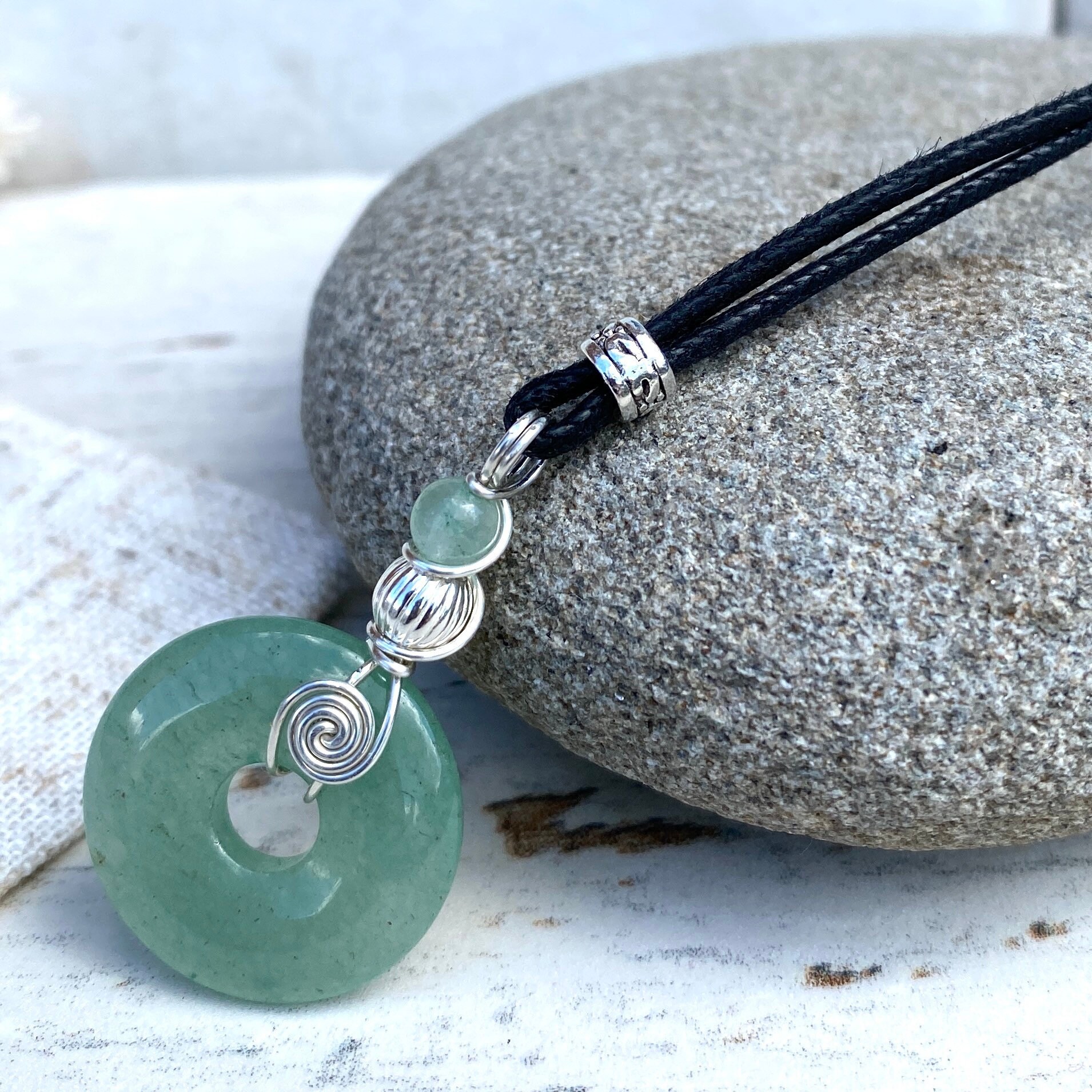 Small Green Aventurine Gemstone Pendant, Silver Wire Wrapped Donut Necklace For Her, Vegan Teen Gift.