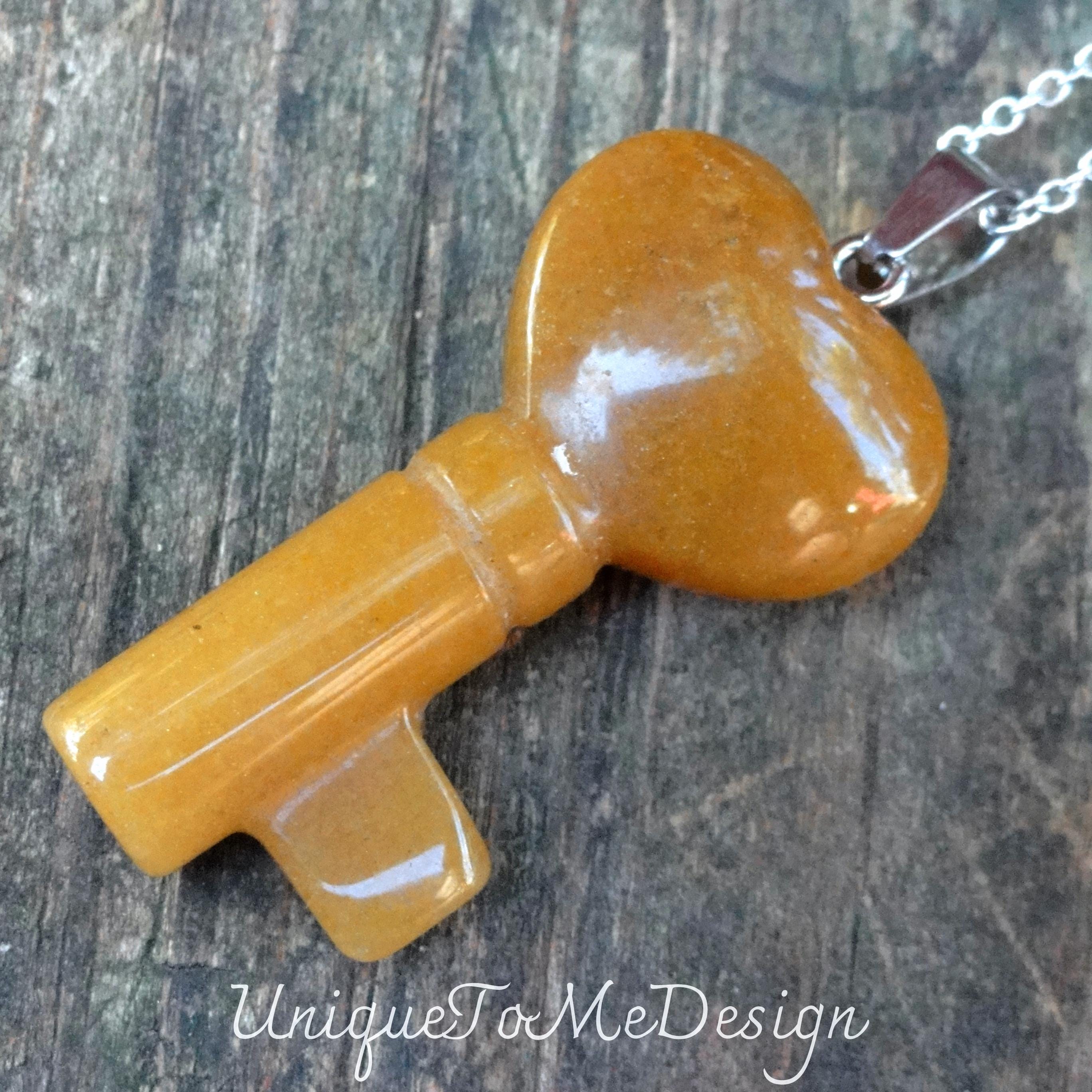 Yellow Aventurine Heart Key Necklace: Carved Sterling Silver Pendant