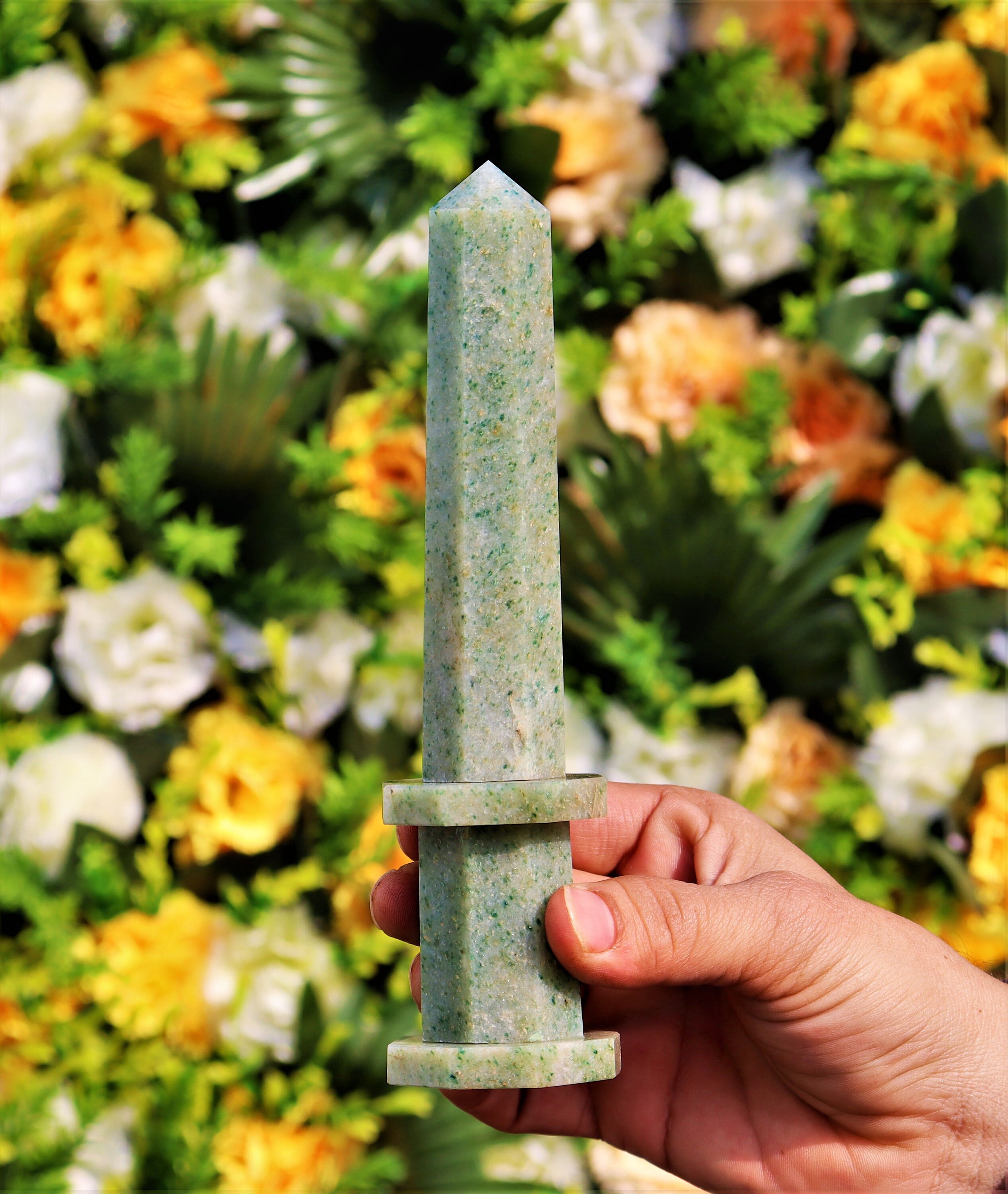 Green Aventurine Crystal Obelisk: Meditation Healing Stone, 190mm