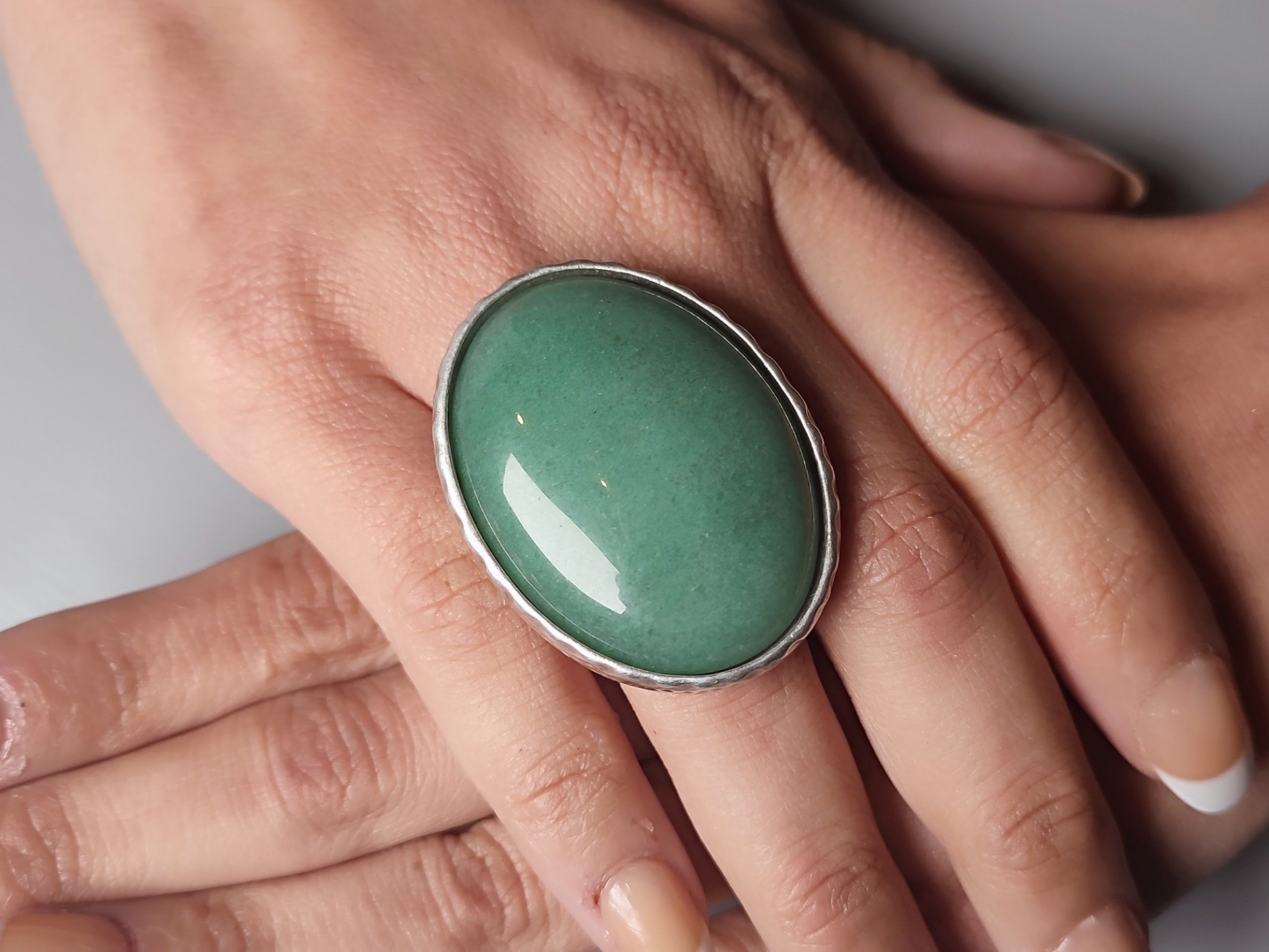 Big Adjustable Green Aventurine Gemstone Oval Cocktail Ring. Large Ocean Green Silver Statement Ring