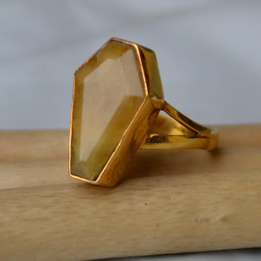 Coffin Yellow Aventurine Ring: 925 Sterling Silver, 14k Gold Fill Split Band