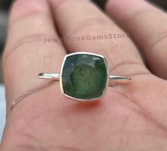 Green Aventurine Cushion Cut Ring: 925 Sterling Silver Gemstone